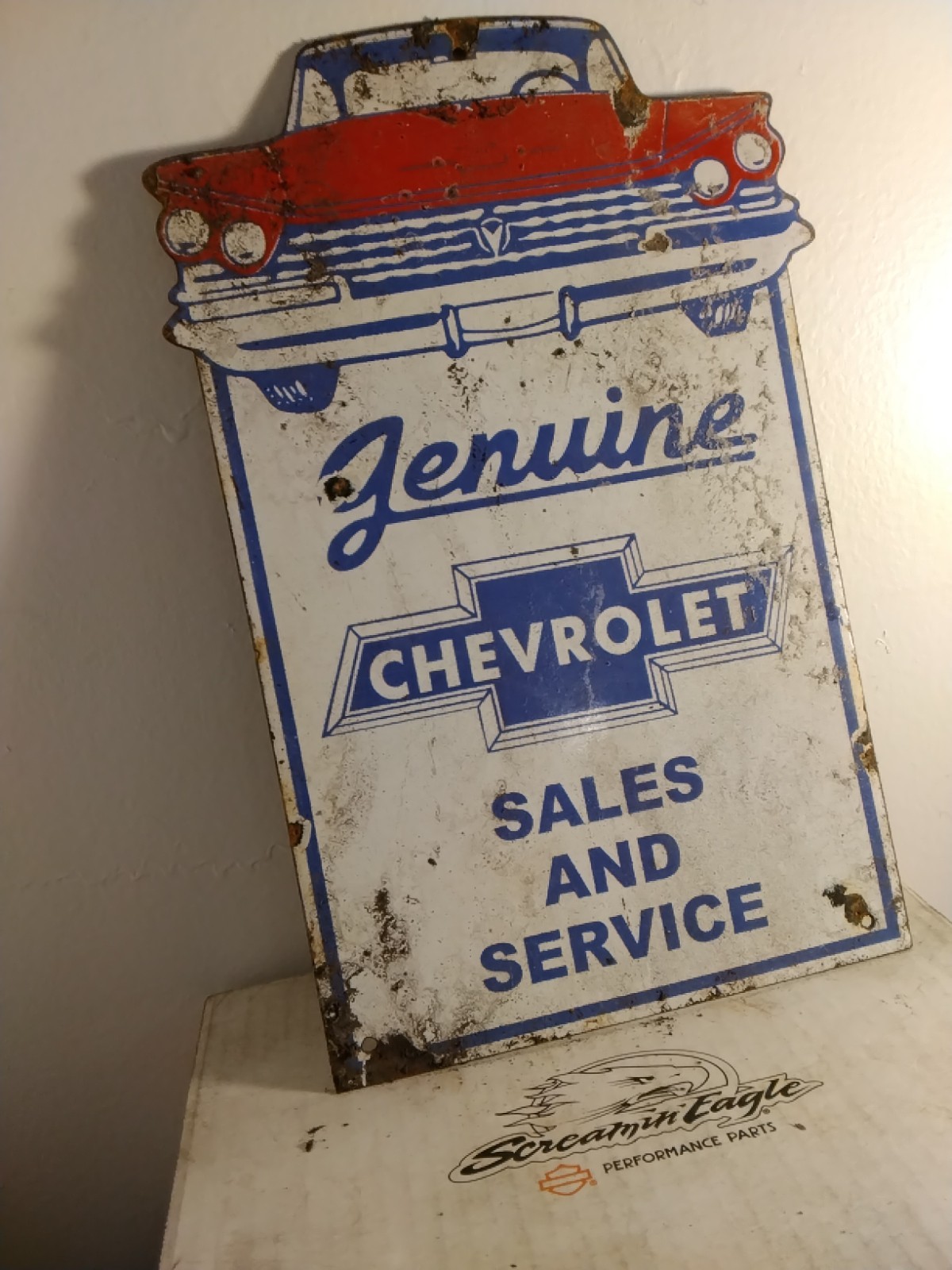 Porcelain Chevy Sign Approx 12″x7.5″ Inches Over Steel Service Station Garage
