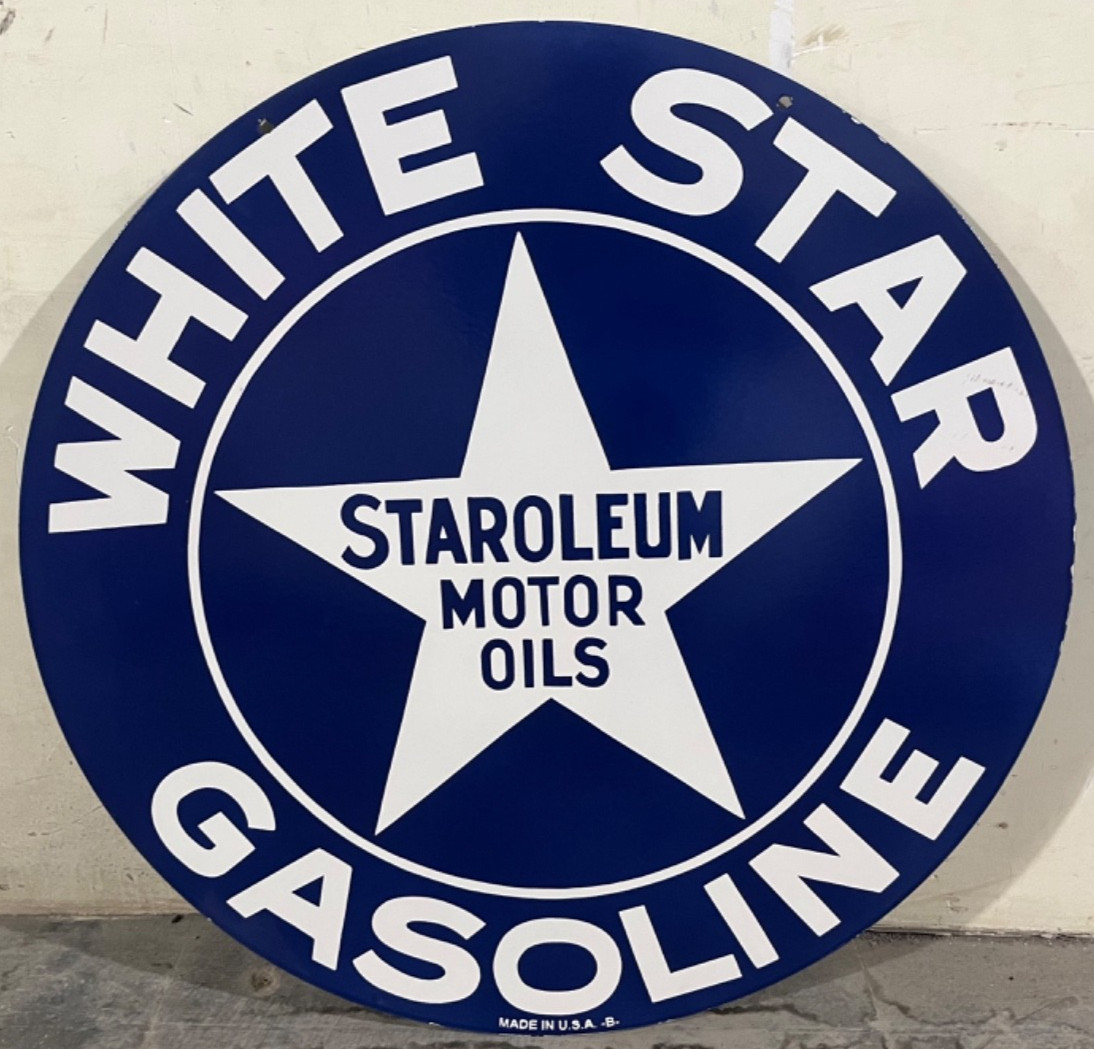 Vintage DSP White Star Gasoline Oil & Gas Porcelain Enamel Sign 30×30″.