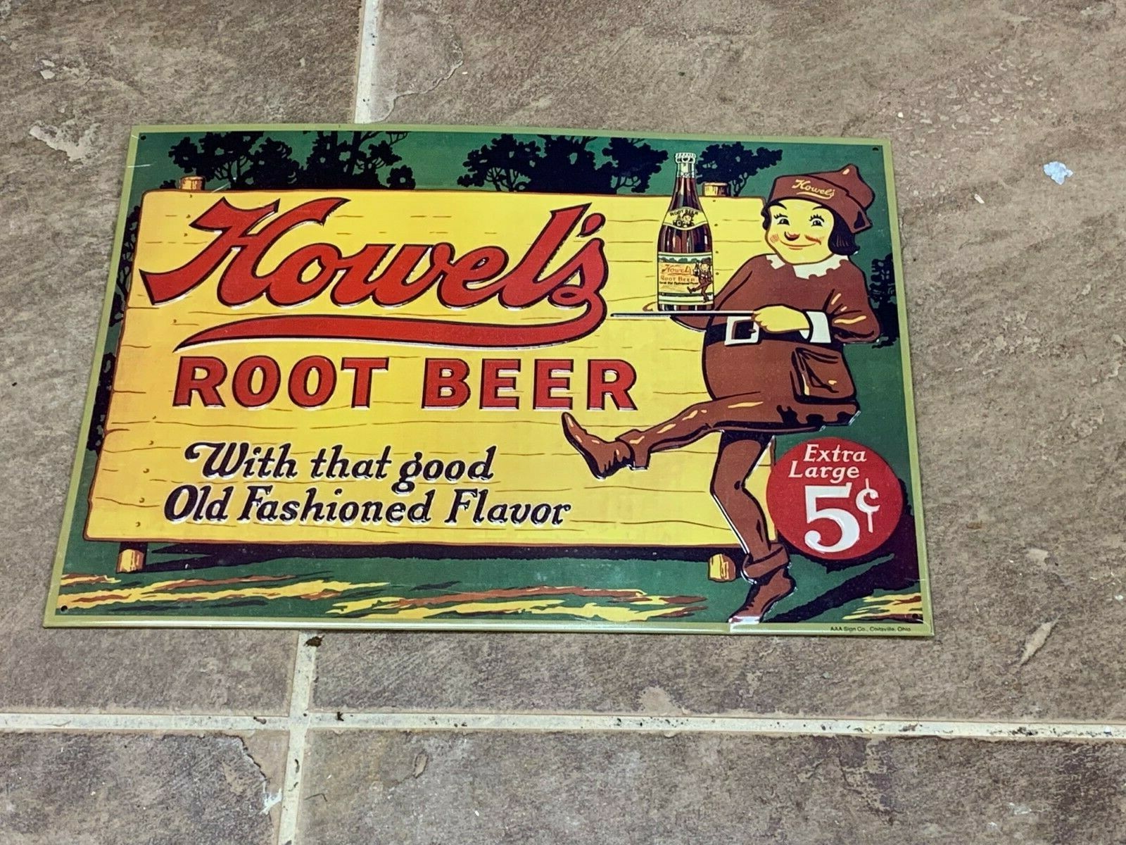 VINTAGE “HOWELL’S ROOT BEER” EMBOSSED METAL SIGN, (16.5″x 11.75″) GOOD CONDITION