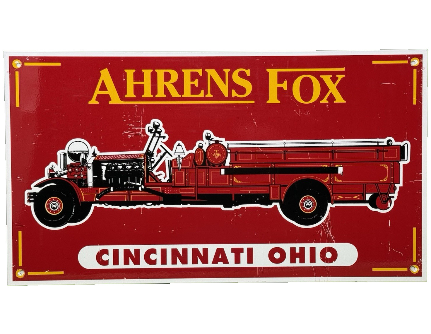 VINTAGE AHRENS FOX SIGN ENAMEL FIRE FIGHTER TRUCK GAS OIL SALES SERVICE OHIO