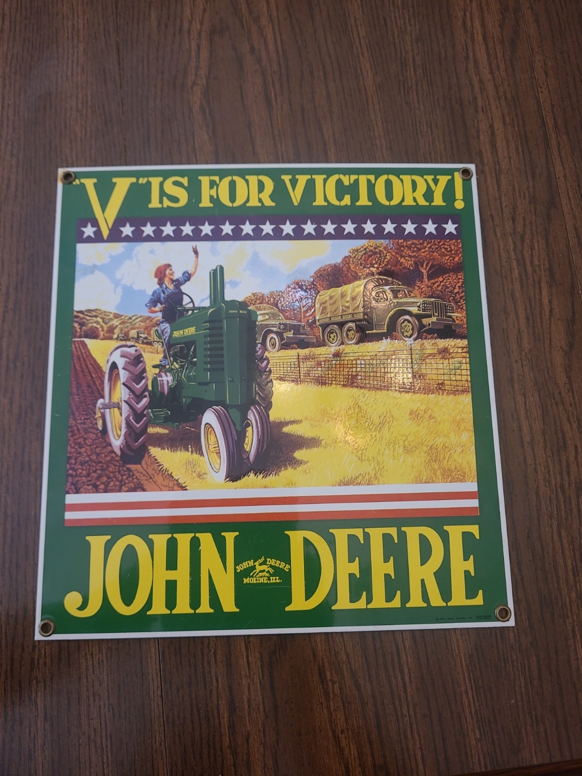 Vtg Ande Rooney John Deere “V Is For Victory” Porcelain Enameled Metal Sign