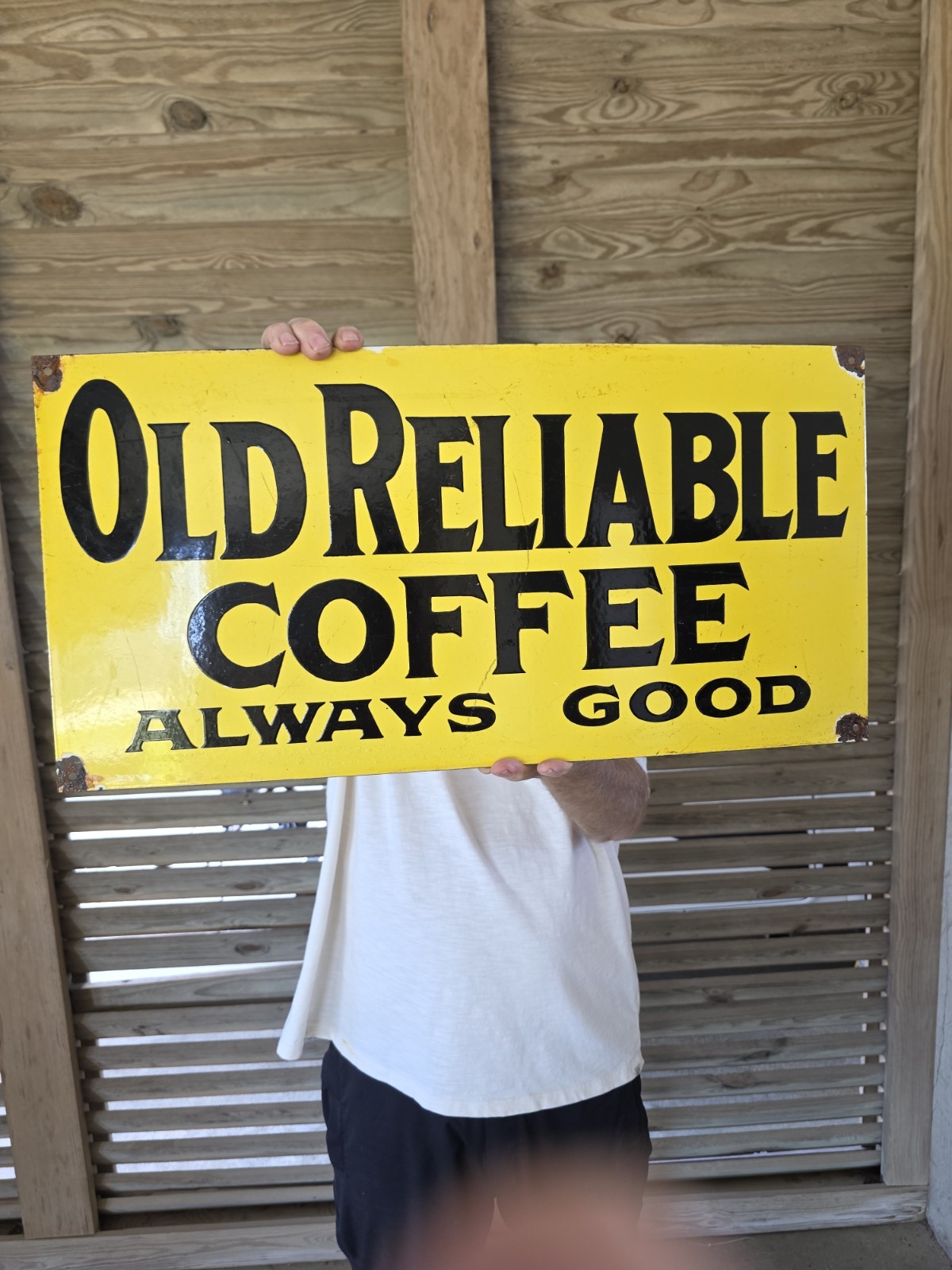 HUGE VINTAGE OLD RELIABLE COFFEE ALWAYS GOOD PORCELAIN SIGN 24″ X 12″