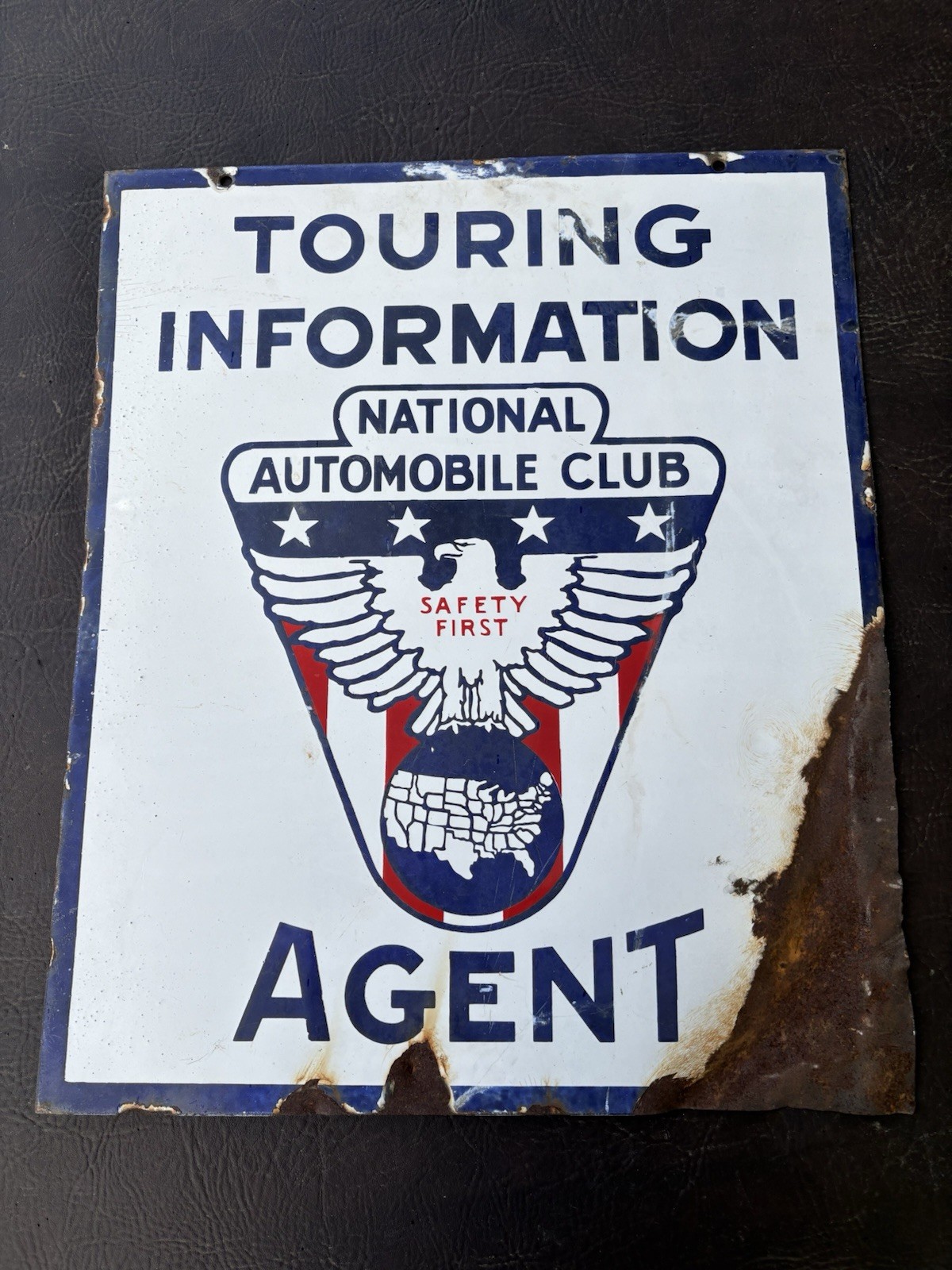 RARE 1930s-40s PORCELAIN NATIONAL AUTOMOBILE CLUB TOURING INFORMATION AGENT SIGN