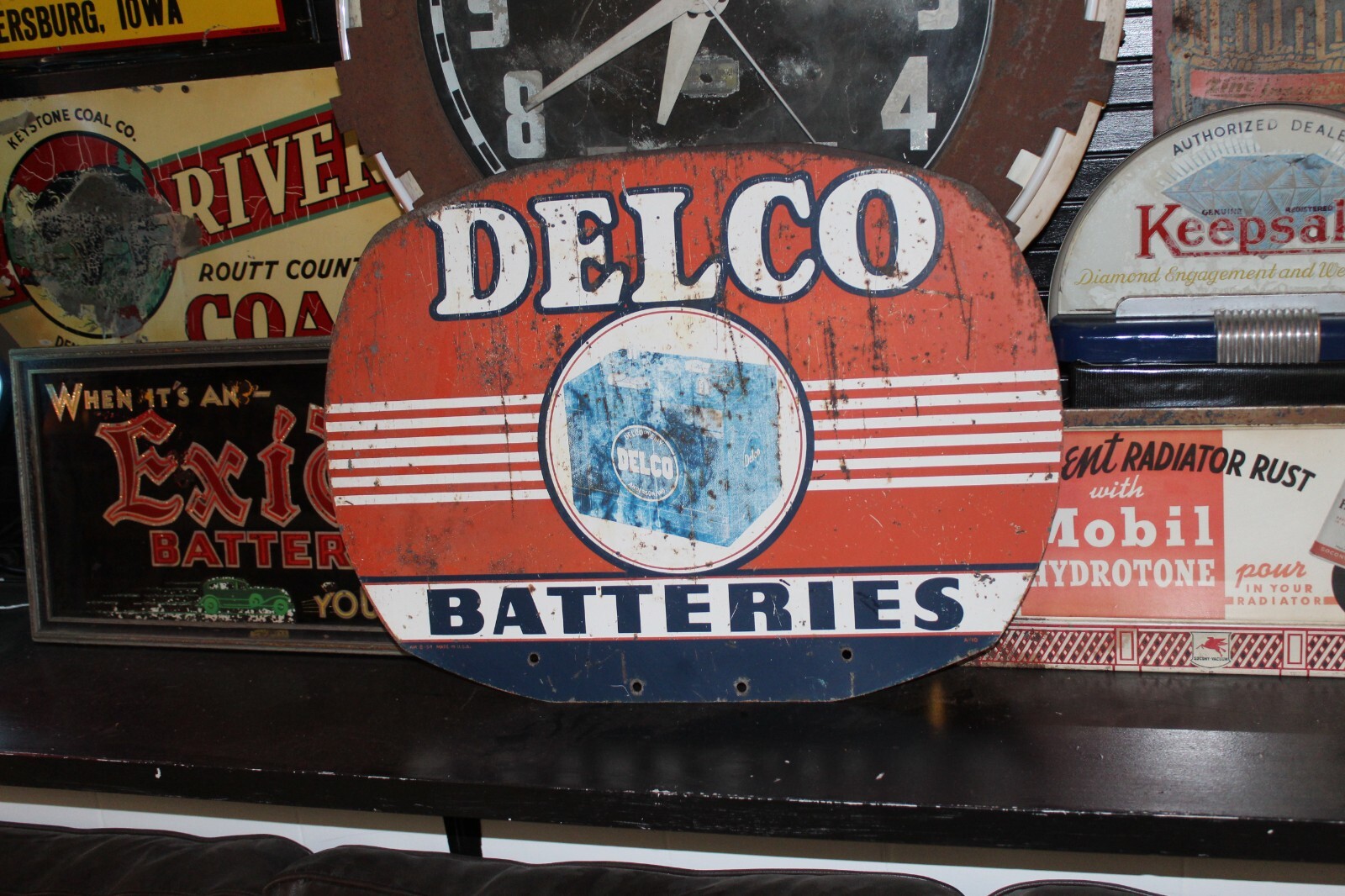 SCARCE 1954 DELCO BATTERIES 2-SIDED PAINTED METAL DEALER SIGN GMC CHEVY GAS OIL