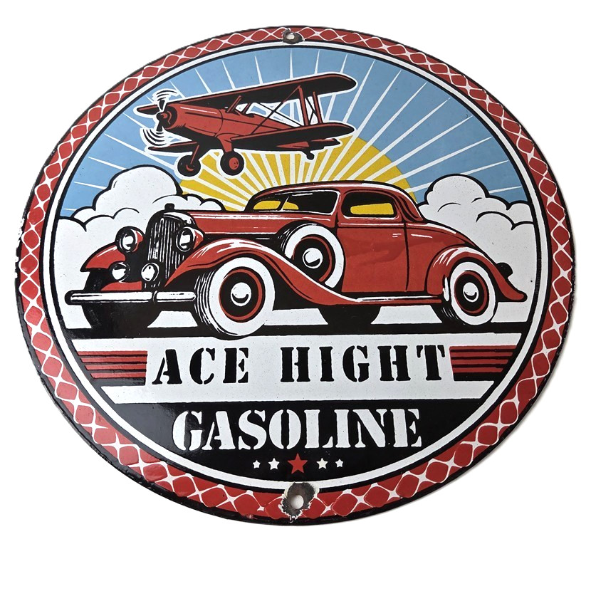 Vintage Ace High Gasoline Porcelain Sign – Hot Rod Plane Aviation Sign