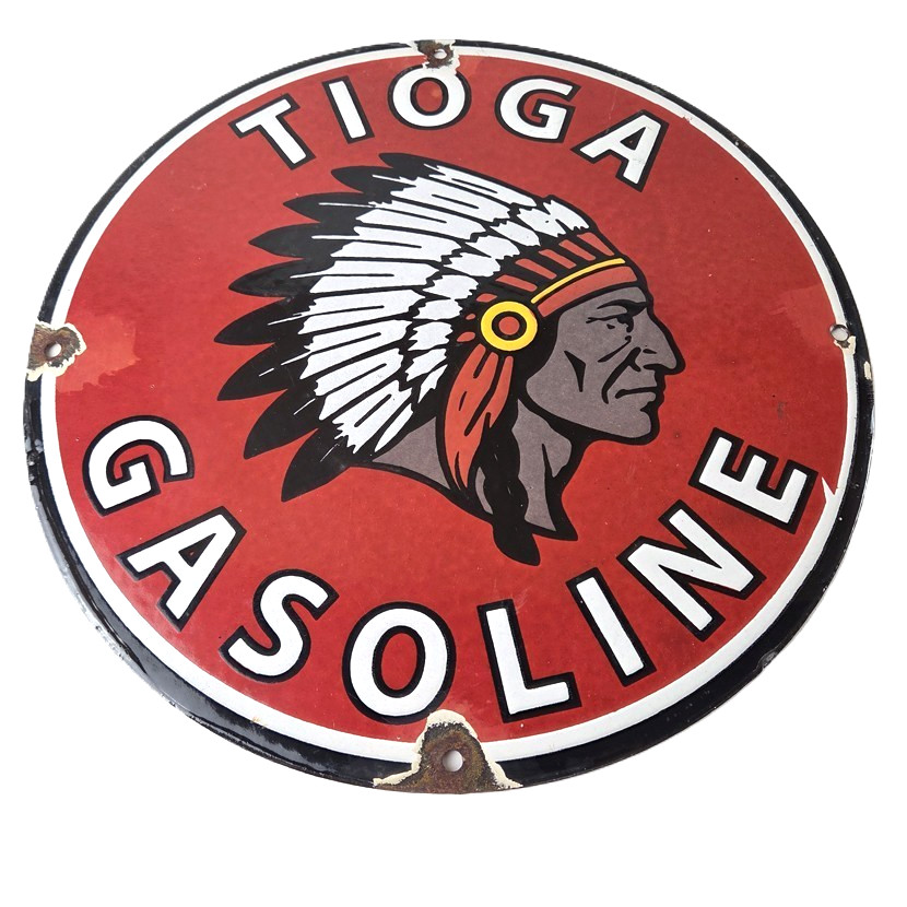 Vintage Tioga Gasoline Sign – Native American Indian Chief Gas Porcelain Sign