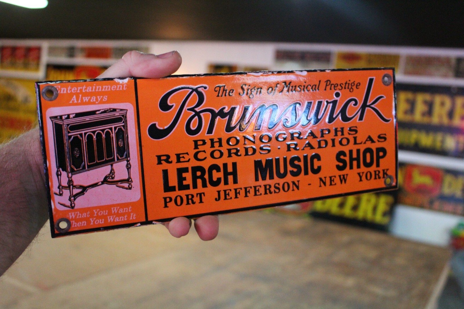 BRUNSWICK PHONOGRAPHS RECORDS RADIO DEALER PORCELAIN METAL SIGN GAS OIL FARM