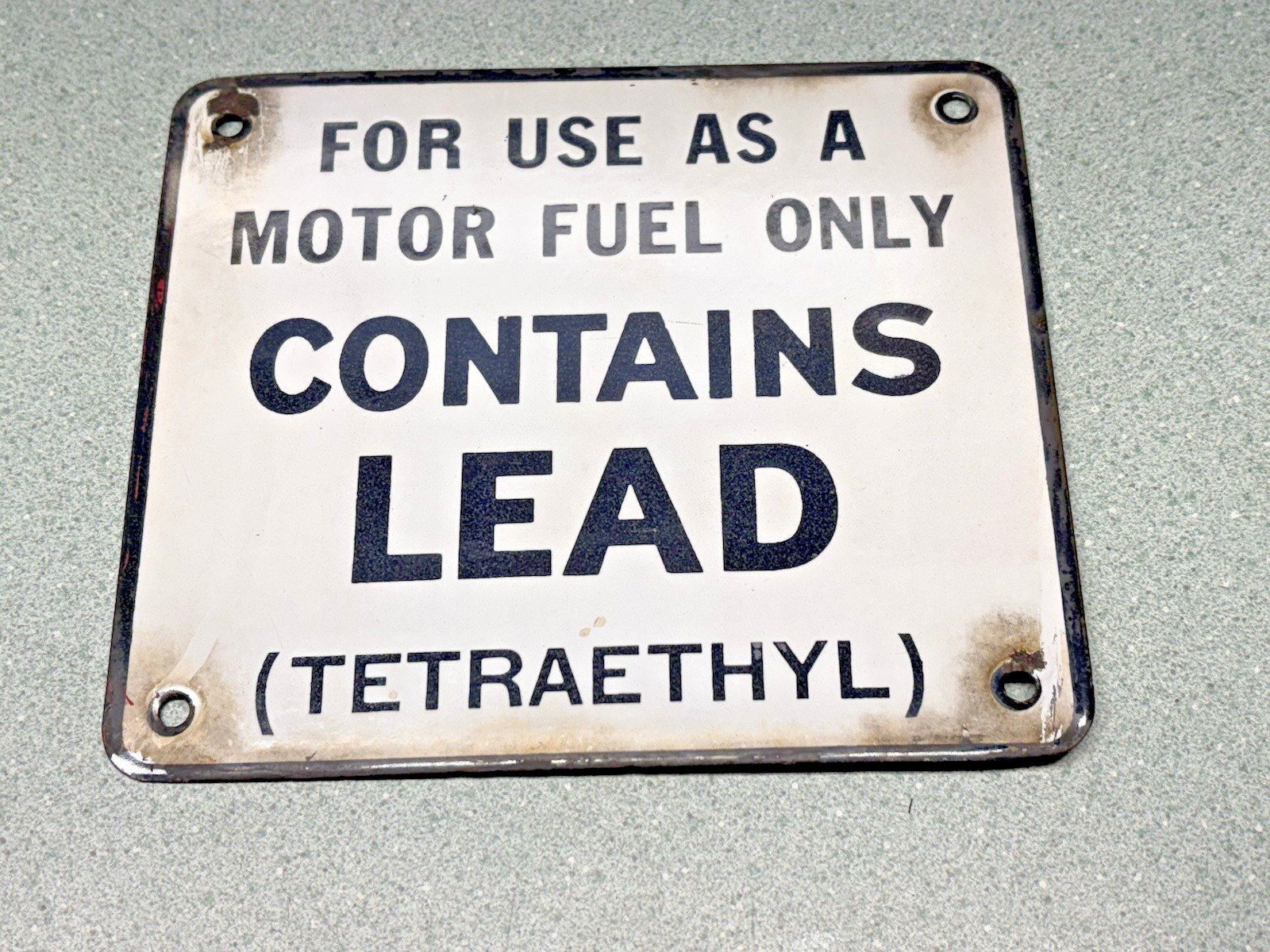 1950’s Motor Fuel Contains Lead Porcelain Pump Plate Sign Tetraethyl Gas Station