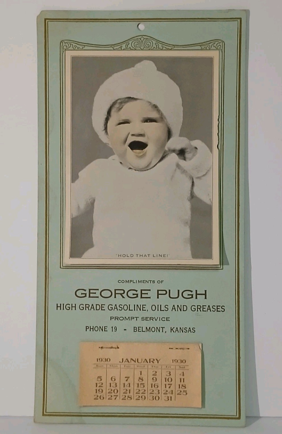 1930 RARE VINTAGE GEORGE PUGH GAS OIL SIGN CALENDAR BELMONT KANSAS GAS OIL SIGN