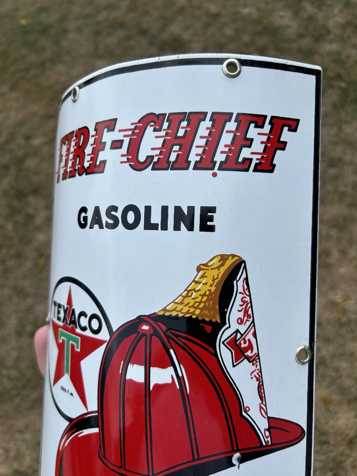 Original Texaco Fire Chief Curved Porcelain Pump Plate Sign Small Size Rare