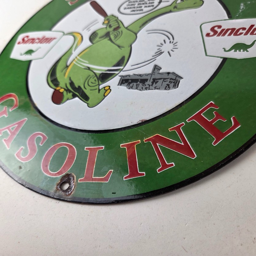 Vintage Sinclair Gasoline Sign – Baseball Dinosaur Porcelain Gas Pump Sign