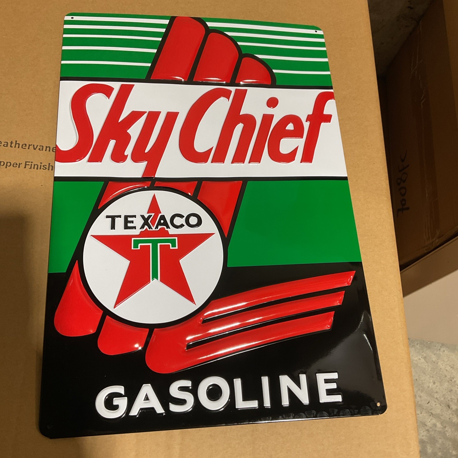 NOS TEXACO Sky Chief Gasoline Metal Sign, 16×10½, Ande Rooney 2009 Embossed Tin