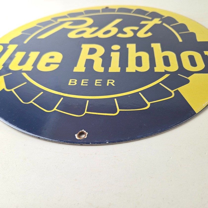 Vintage Pabst Blue Ribbon Sign – Alcohol Beer Brewing Gas Pump Porcelain Sign