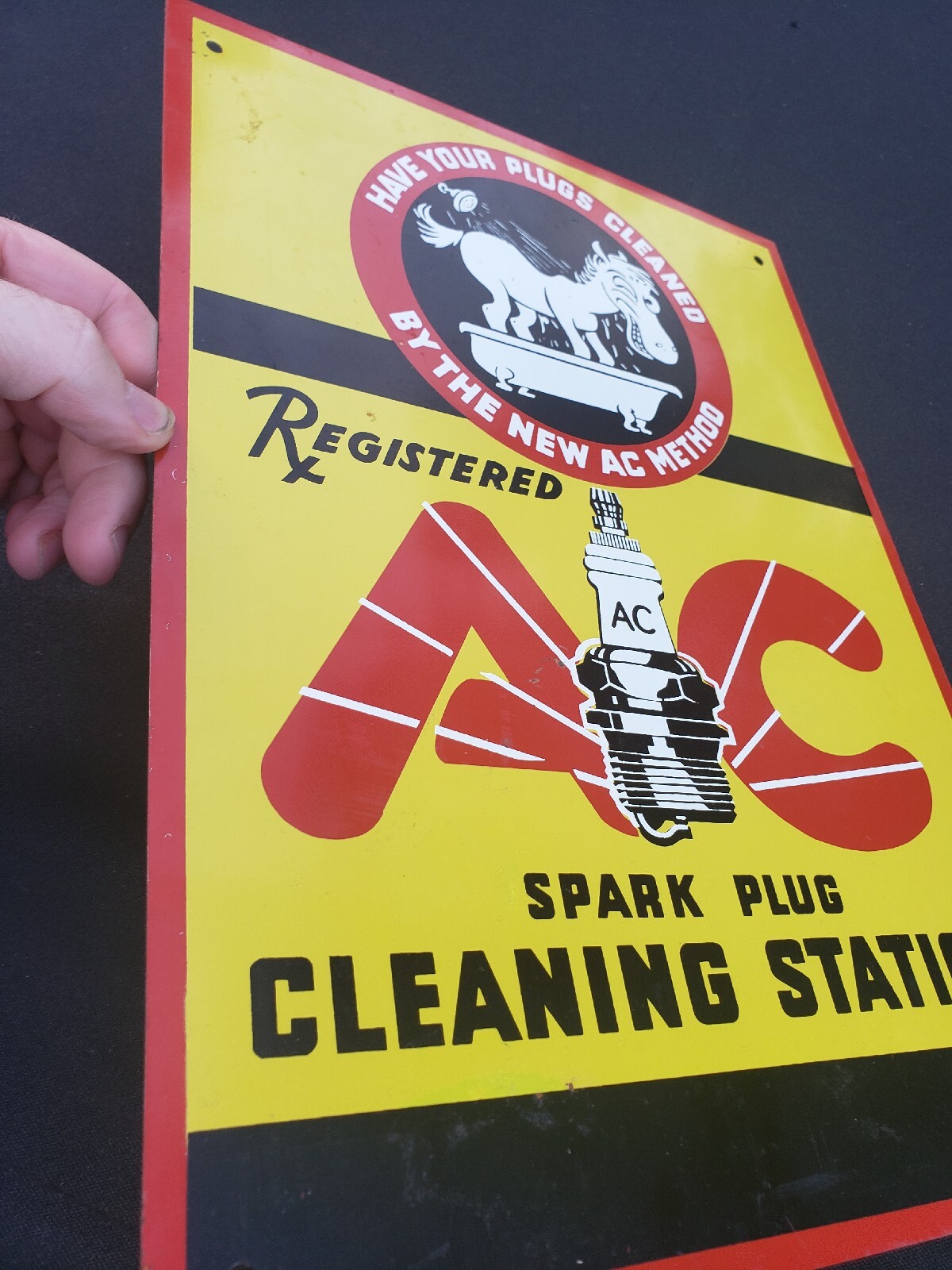 1940s Original AC Spark Plug Cleaning Station Tin Litho Sign