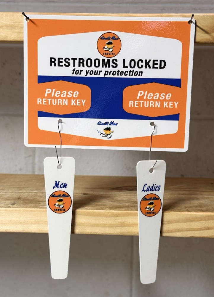 MINUTE MAN GASOLINE RESTROOMS KEY HANGER WITH FOBS GAS OIL GARAGE STATION SIGN