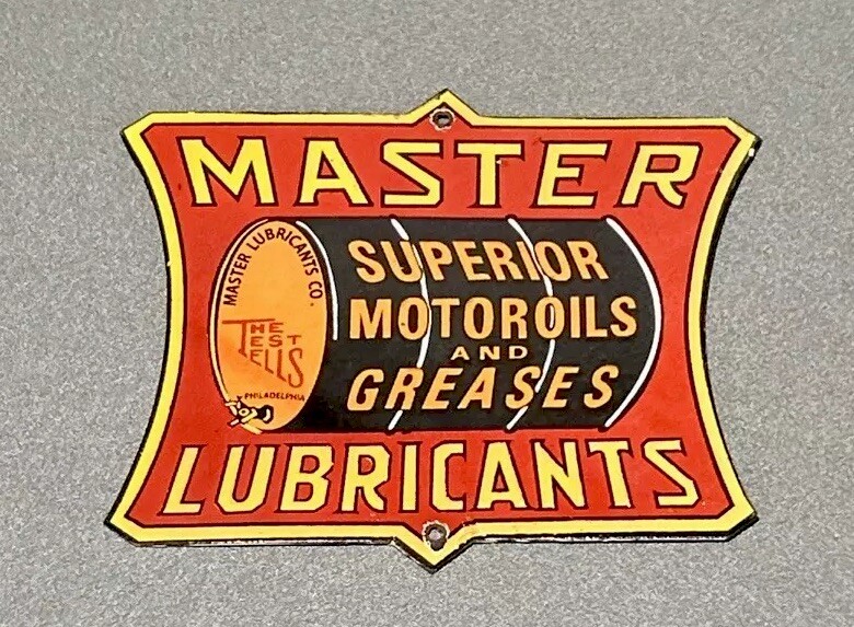 VINTAGE MASTERS LUBRICANT BARREL PORCELAIN SIGN CAR GAS AUTO OIL