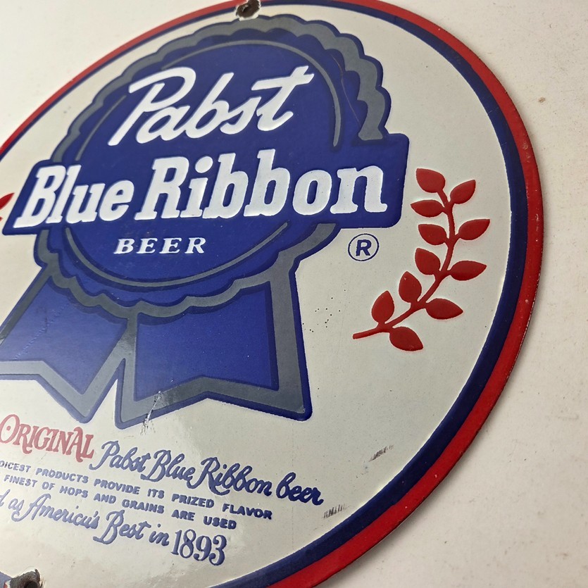 Vintage Pabst Blue Ribbon Beer Porcelain Sign – Ribbon Badge Logo Sign