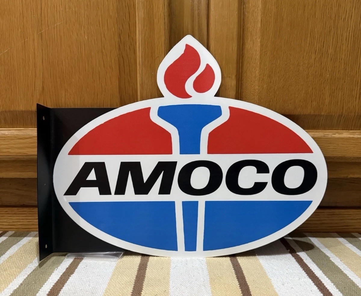 Amoco Gas Oil Flange Sign American Standard 2 Sided Vintage Style Wall Decor