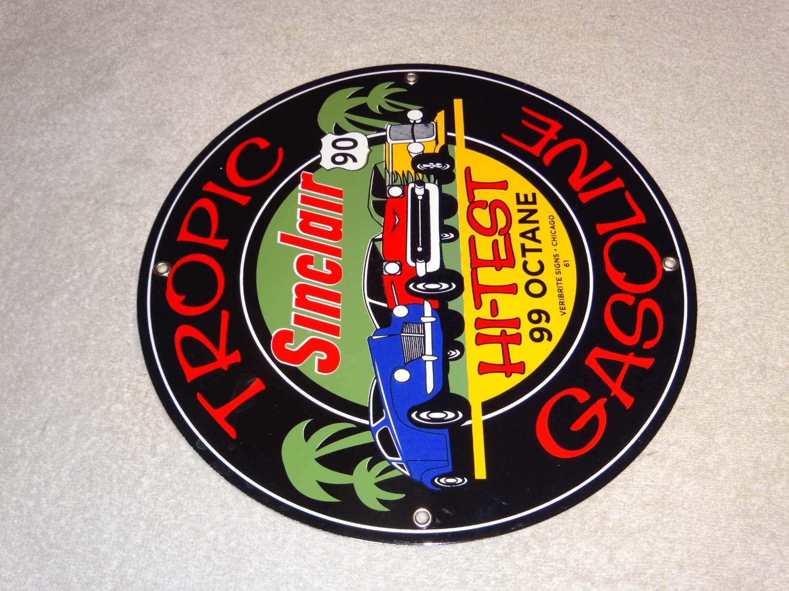 VINTAGE 1961 SINCLAIR TROPIC GASOLINE 11 3/4″ PORCELAIN METAL VERIBRITE SIGN CHI