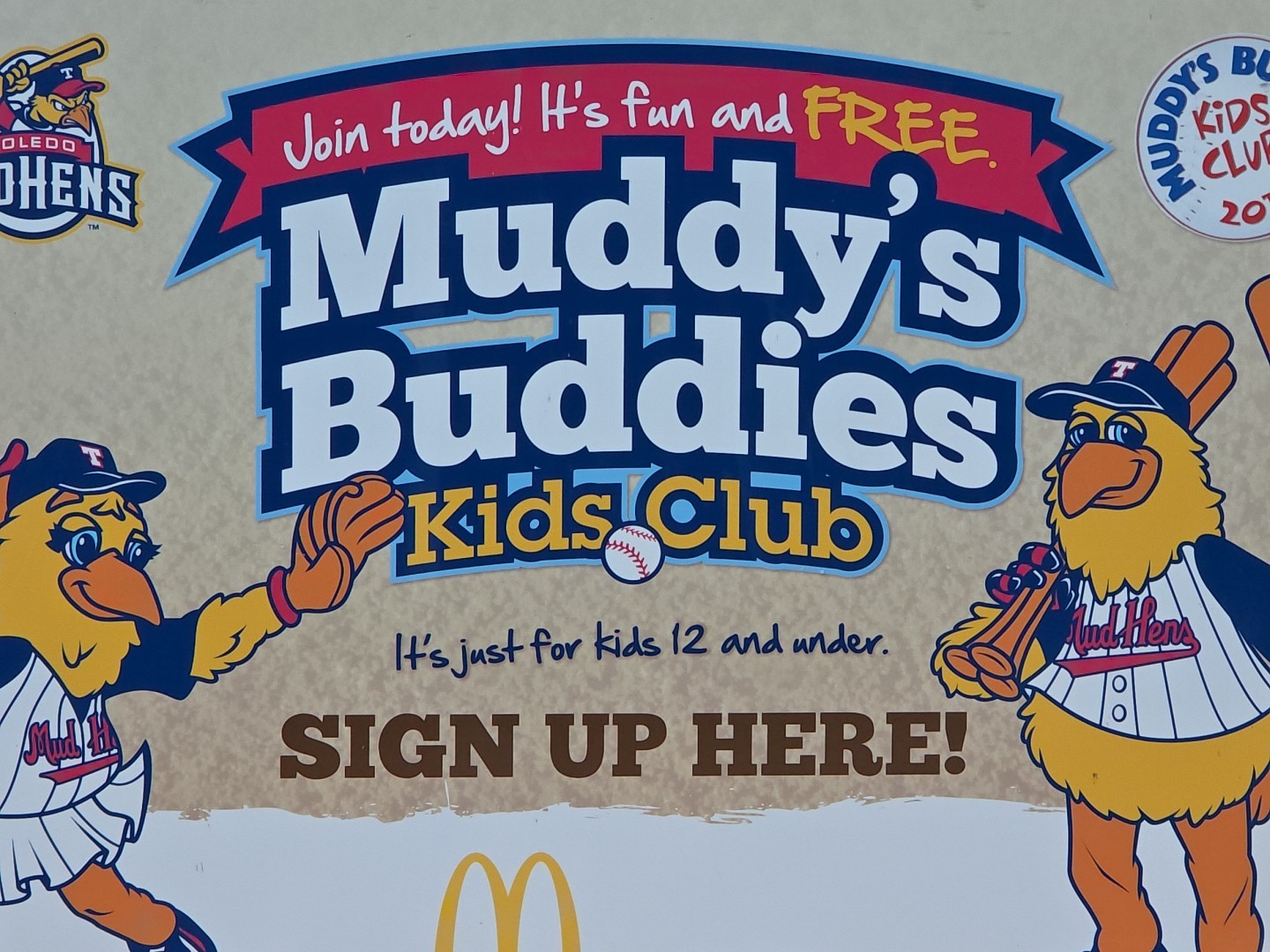 Baseball Toledo Mud Hens McDonalds Muddy’s Buddies Kids Club Metal Sign 48″x36″