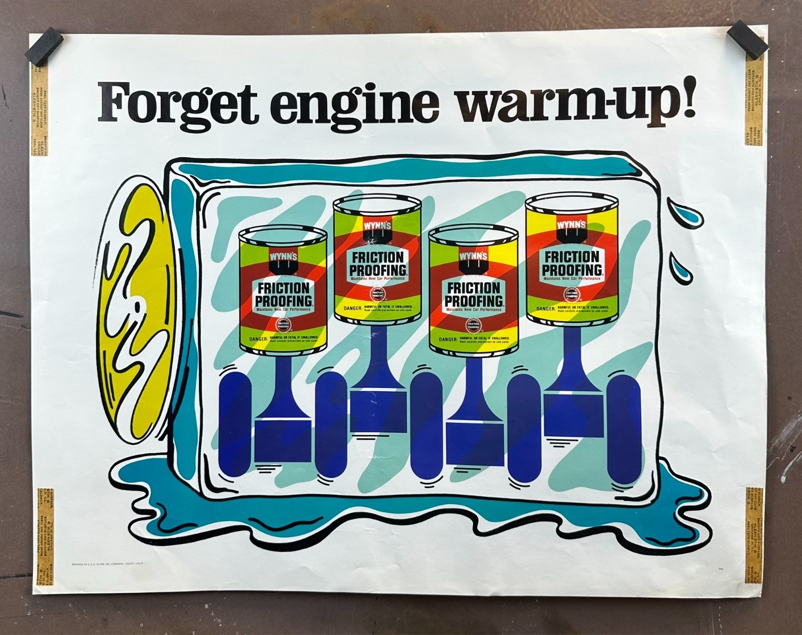 RARE VTG WYNN’S 60S FORGET ENGINE WARM UP LITHO DOOR POSTER SIGN NOS & MINT