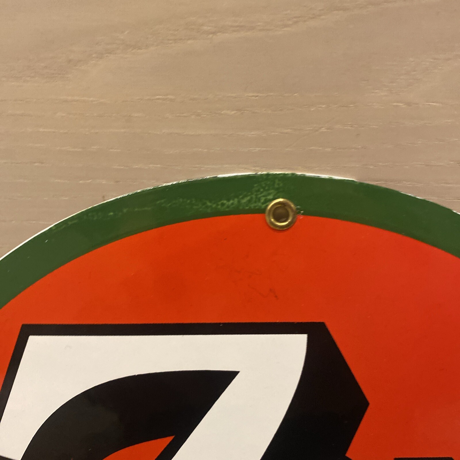 7-UP SODA POP ADVERTISING SIGN HEAVY DIE CUT METAL PORCELAIN 12”