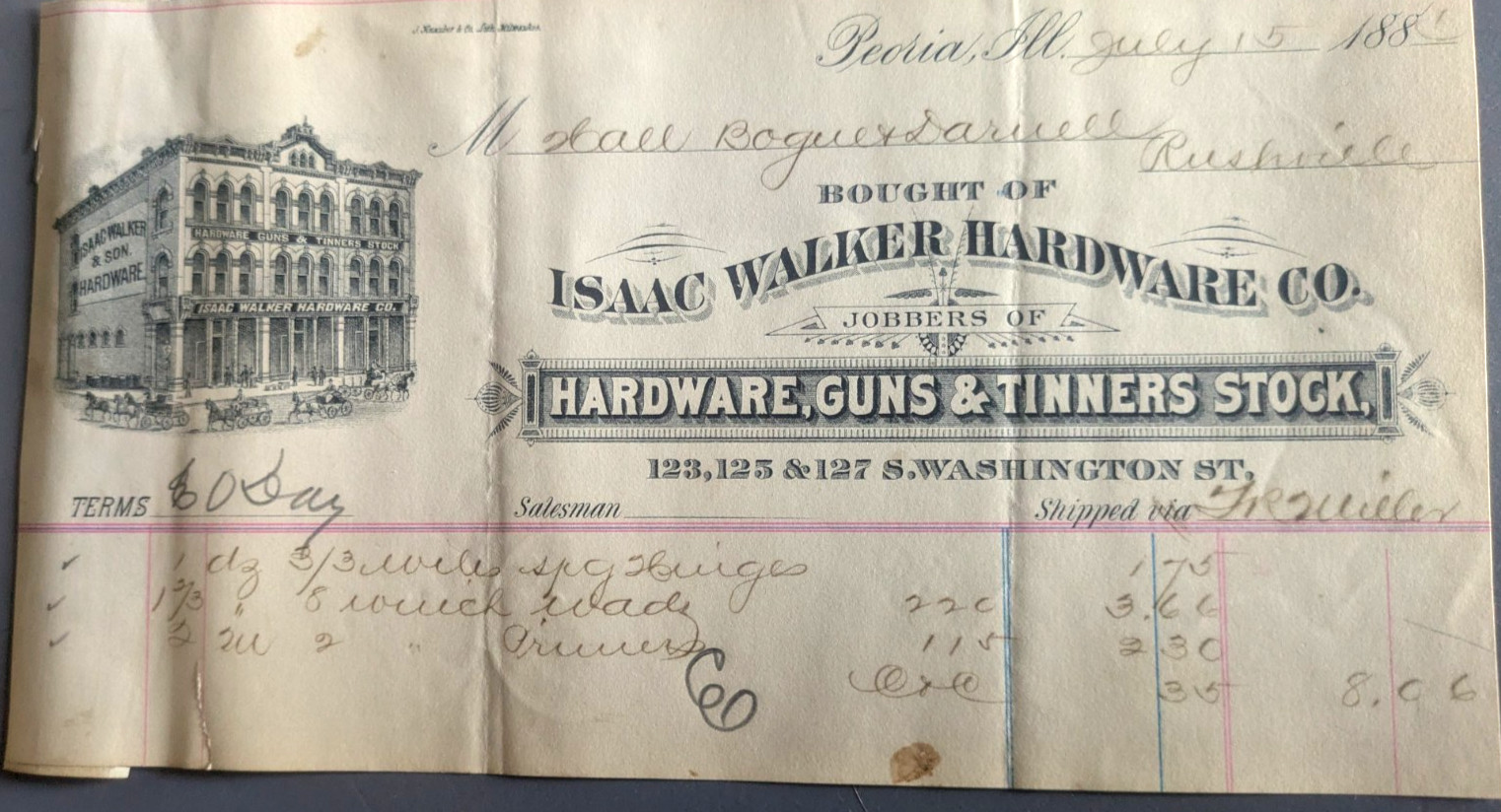 PEORIA, CHICAGO, CANTON, IL; ST. LOUIS, RACINE WISC. INVOICE DOCUMENTS, 1881-84