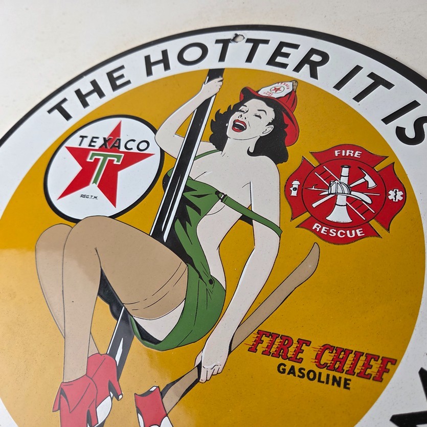 Vintage Texaco Gasoline Sign – Fire Pole Fire Chief Gas Pump Ad Porcelain Sign