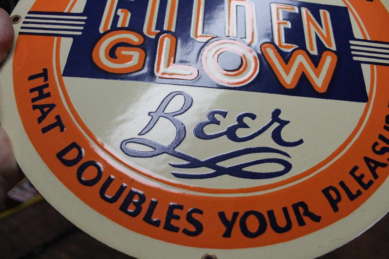 RARE BLUMER’S GOLDEN GLOW MONROE WISCONSIN BEER DEALER PORCELAIN METAL SIGN
