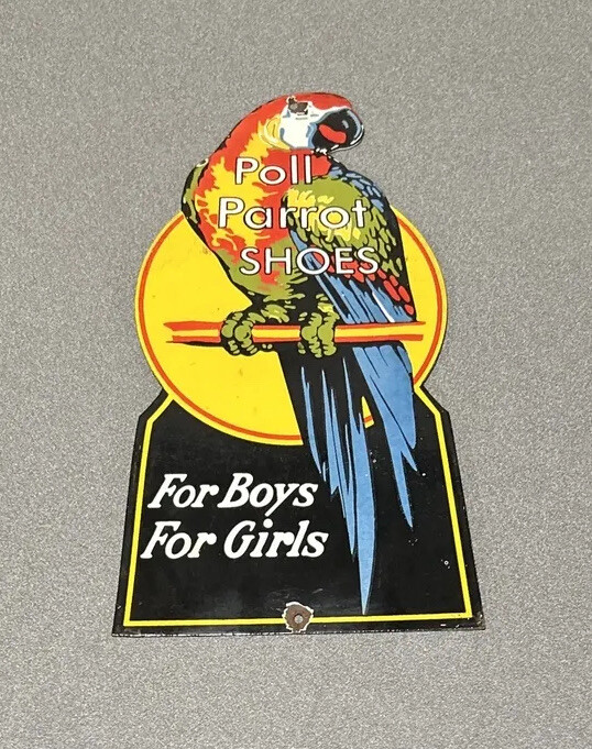 VINTAGE 14” POLL SHOES PARROT PORCELAIN SIGN CAR GAS OIL TRUCK