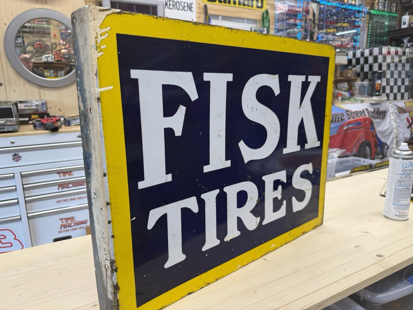 1920’s 30’s FISK TIRES PORCELAIN FLANGE SIGN DOUBLE SIDED GAS OIL AUTO Original