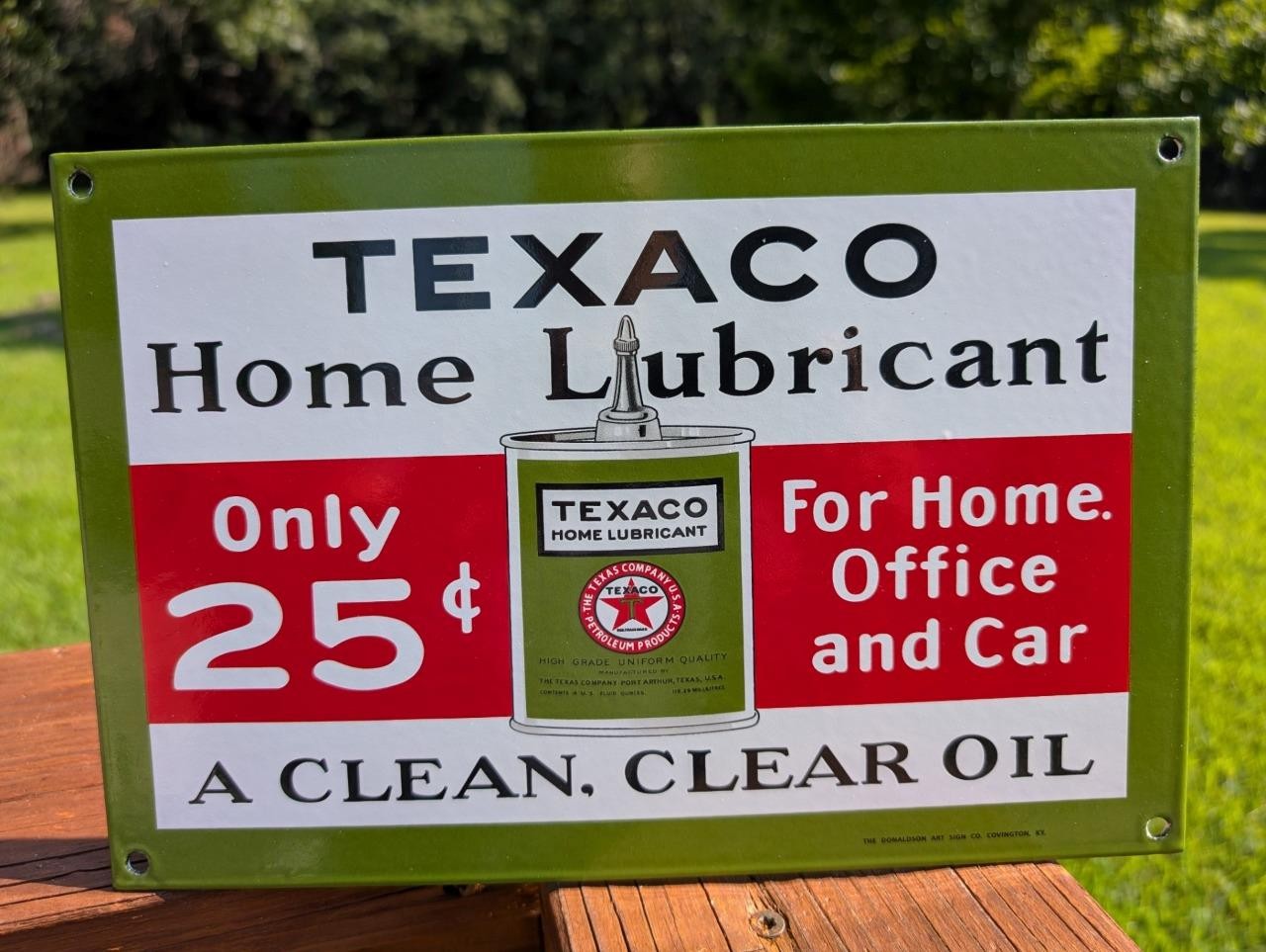 THICK PORCELAIN TEXACO HOME LUBRICANT CLEAN CLEAR OIL SIGN DONALDSON ART SIGN CO