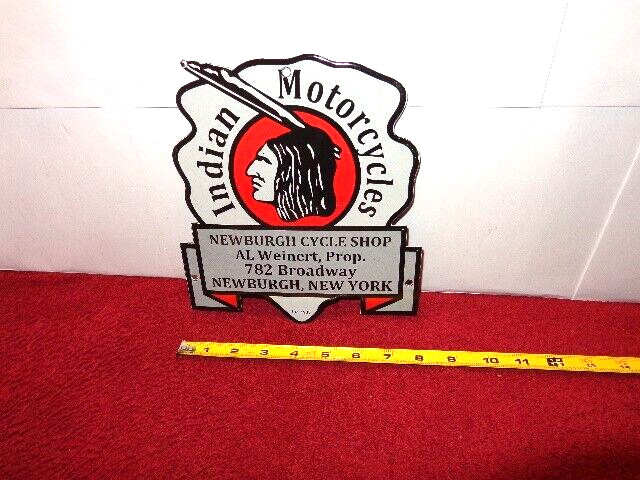 8×9 in INDIAN MOTORCYCLES NEW YORK ADV SIGN HEAVY DIE CUT METAL PORCELAIN -Z 340