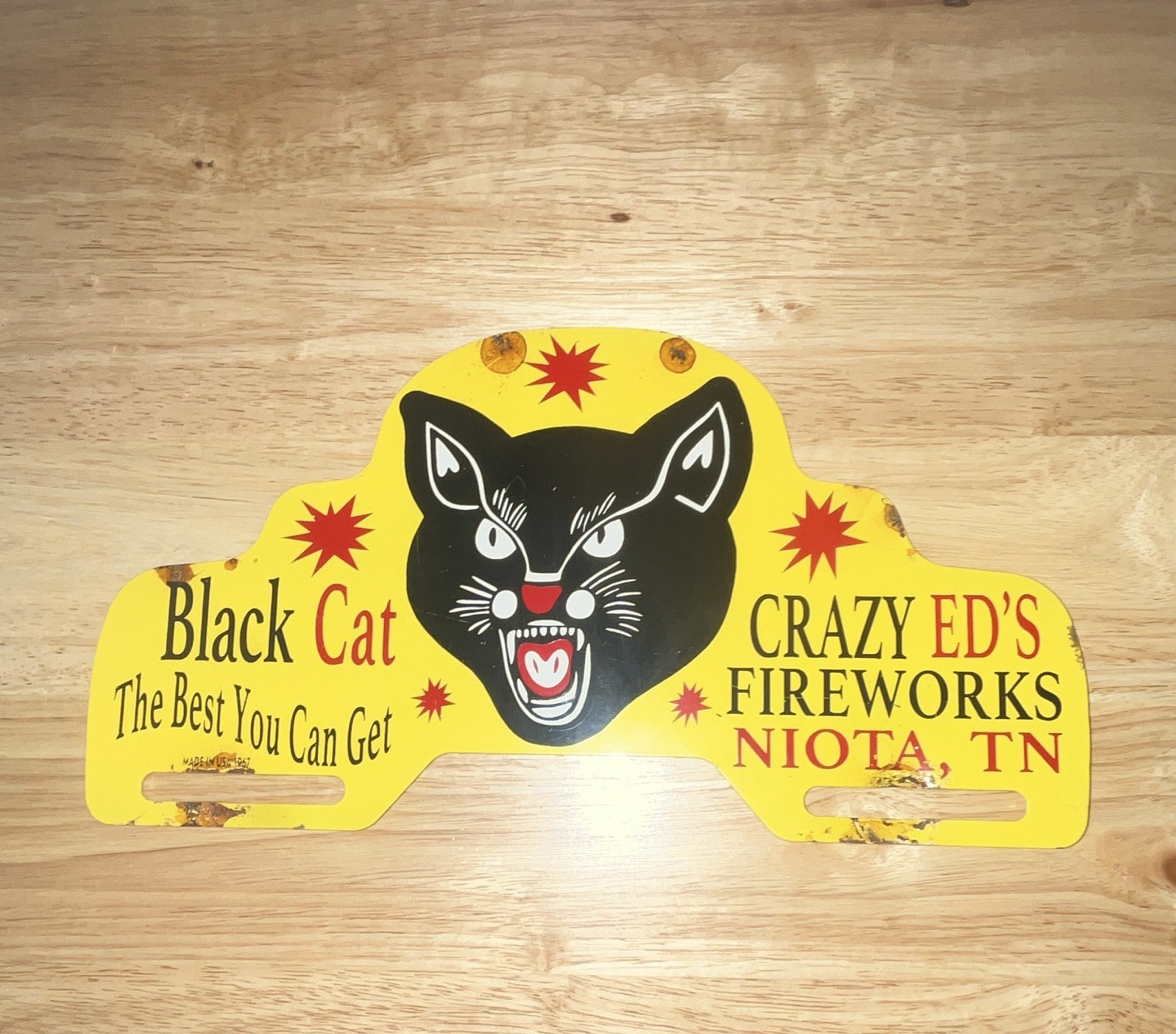 Black Cat Crazy Ed’s Fireworks Niota TN Metal Advertising Sign Yellow 1947