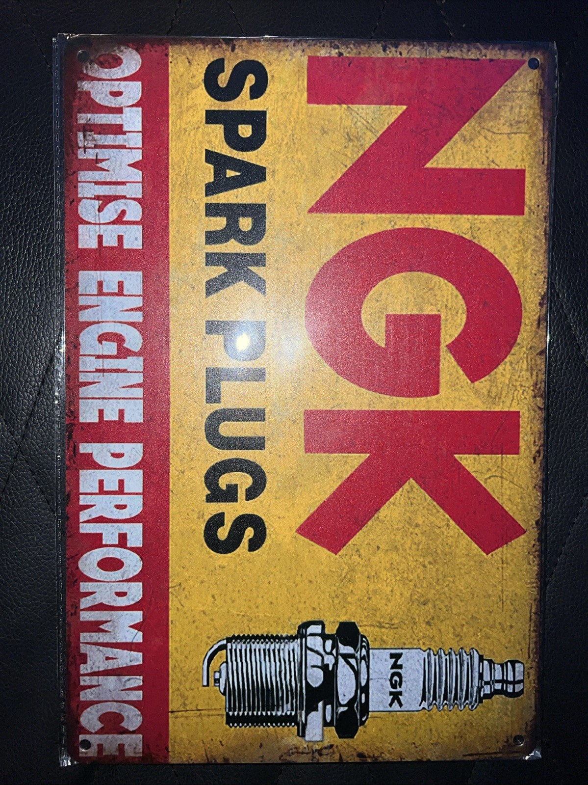 NGK Spark Plugs Metal Advertising Sign Gas & Oil Yellow Red Black White
