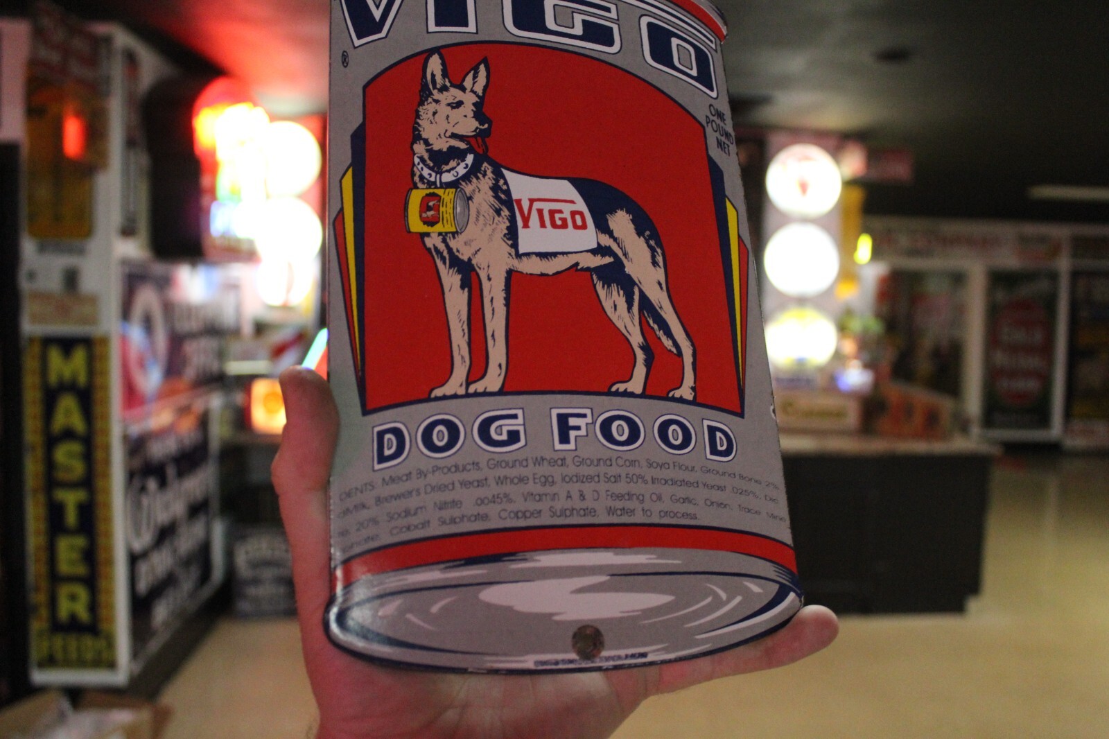 RARE VIGO DOG FOOD DEALER PORCELAIN METAL SIGN CAN SHEPHERD PET STORE GAS OIL