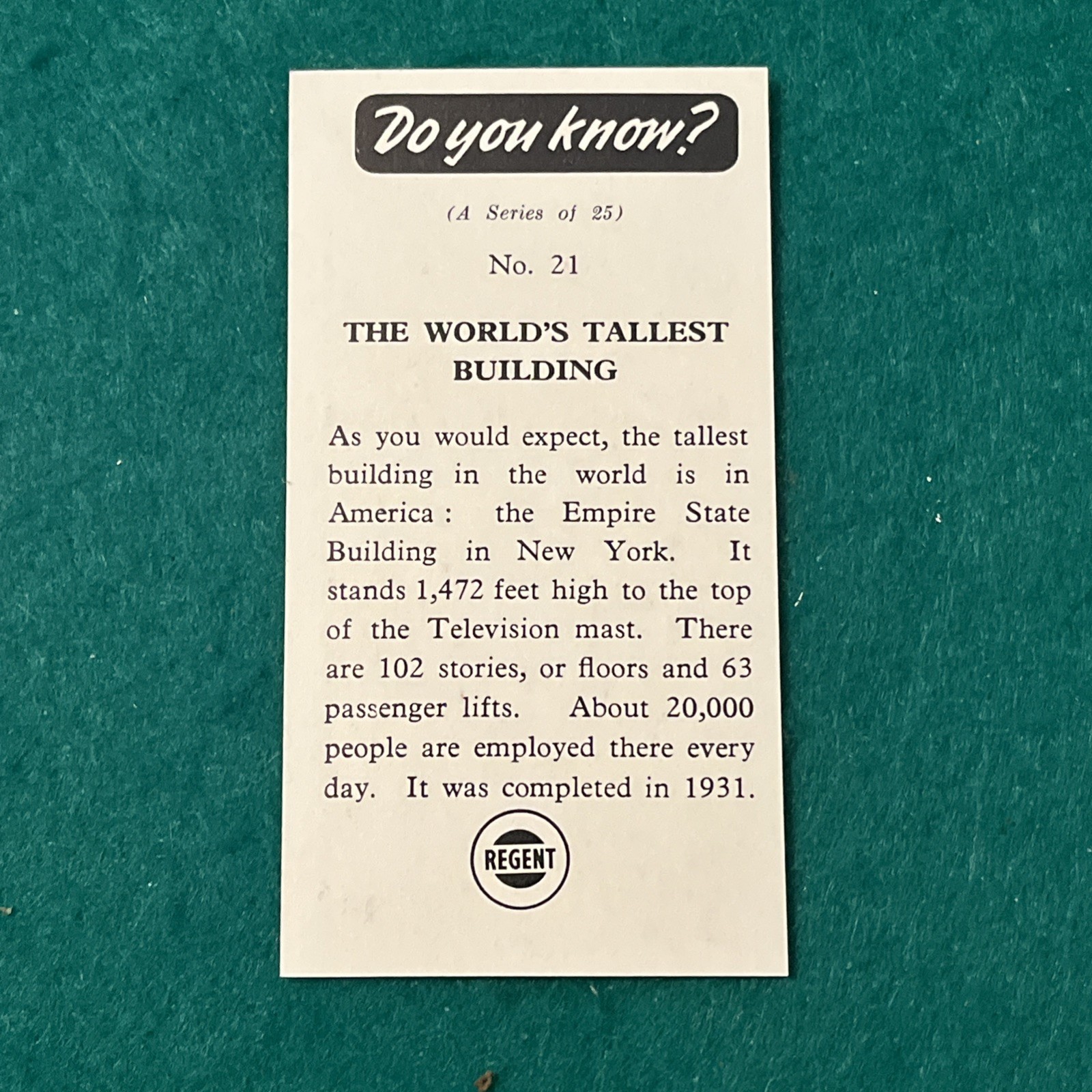 1964 Recent Oil “Do You Know” EMPIRE STATE BUILDING Trade Card #21 NM-MT