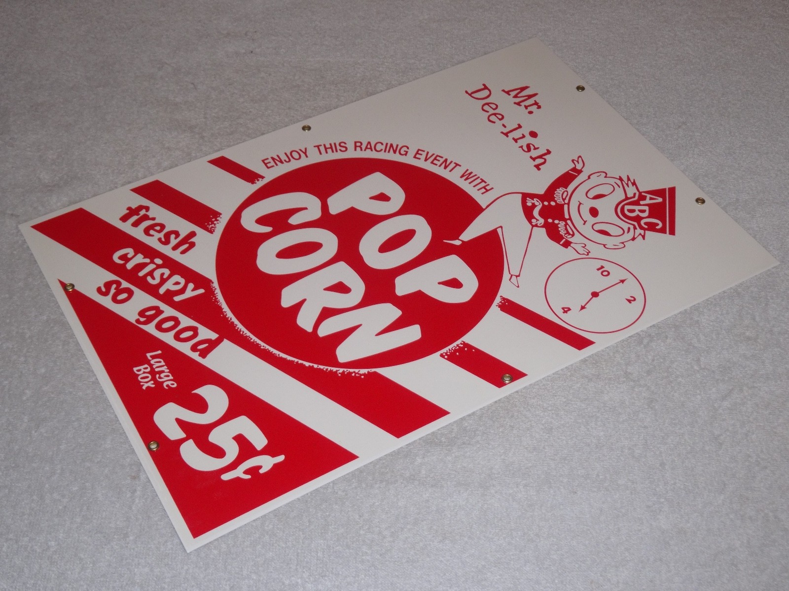 VINTAGE POPCORN 25 CENTS & MR. DEE-LISH 18″ PORCELAIN METAL GASOLINE & OIL SIGN!