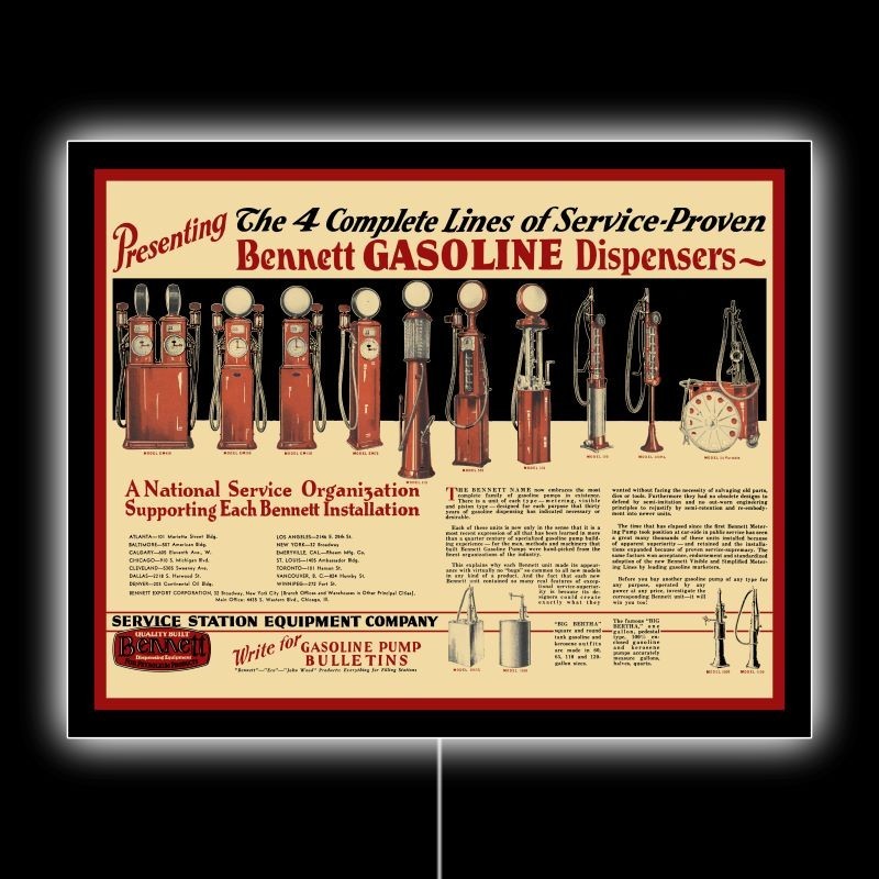 1930 Complete Line of BENNETT Gas Pumps NEW LED Hanging Lighted Sign: 18×23″