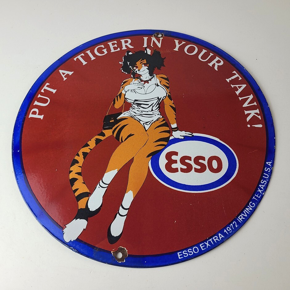Vintage Esso Gasoline Porcelain Tiger – Gas Service Station Auto Tank Sign