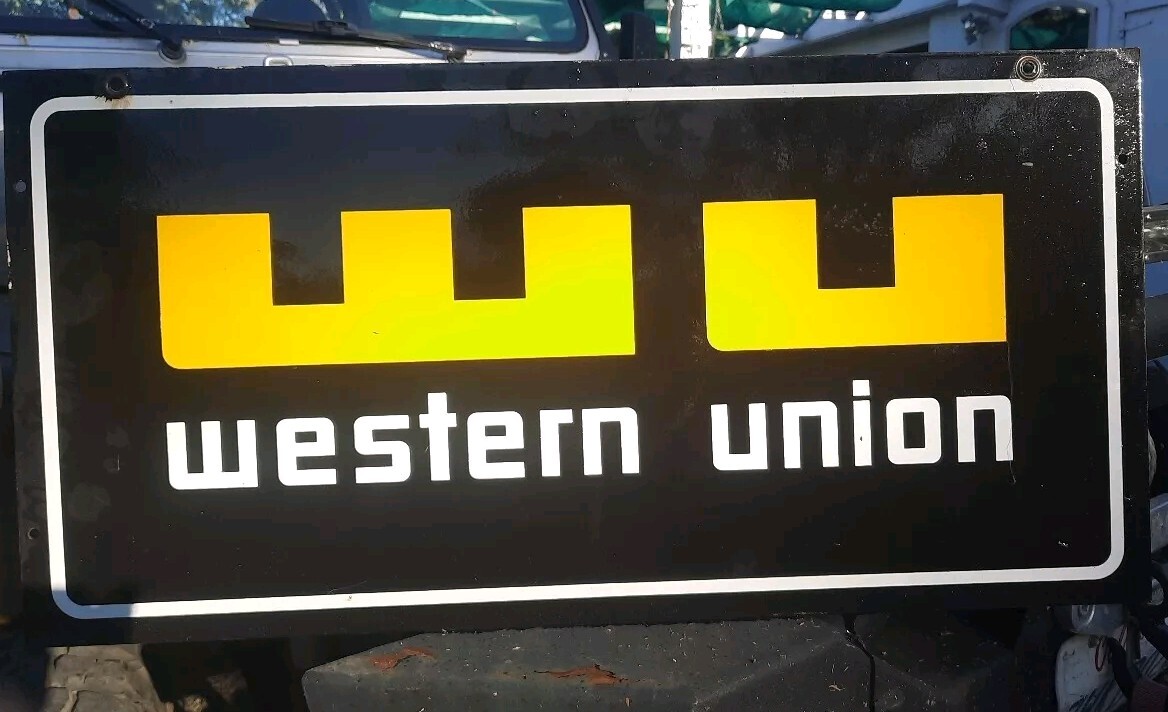 AUTHENTIC & ORIGINAL WESTERN UNION 30 X 15 INCH DOUBLE SIDED PORCELAIN SIGN