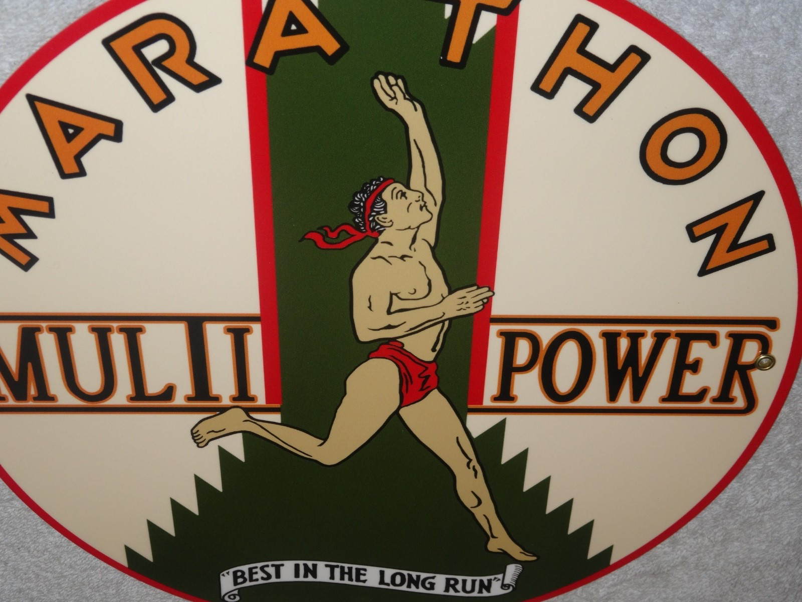 VINTAGE MARATHON MULTI-POWER GASOLINE 1′ PORCELAIN METAL GAS OIL SIGN PUMP PLATE