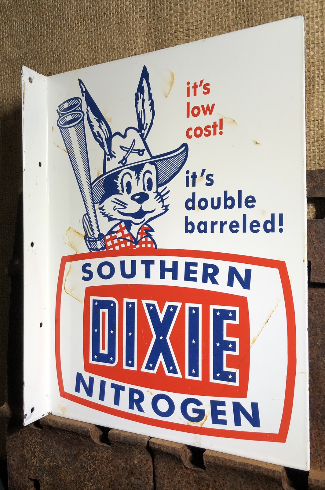 VINTAGE SOUTHERN DIXIE NITROGEN GASOLINE FLANGE 15” DOUBLE SIDED PORCELAIN SIGN