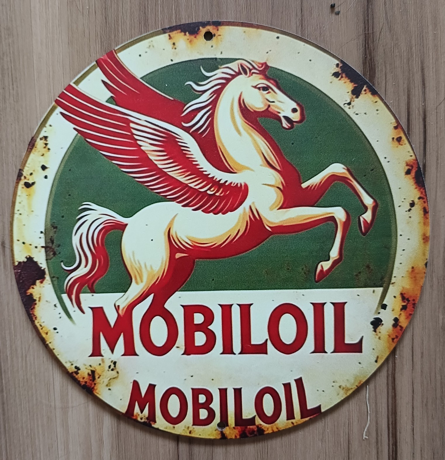 Mobiloil Pegasus Gas & Oil Round Advertising Sign White Green Red Made Of Wood.