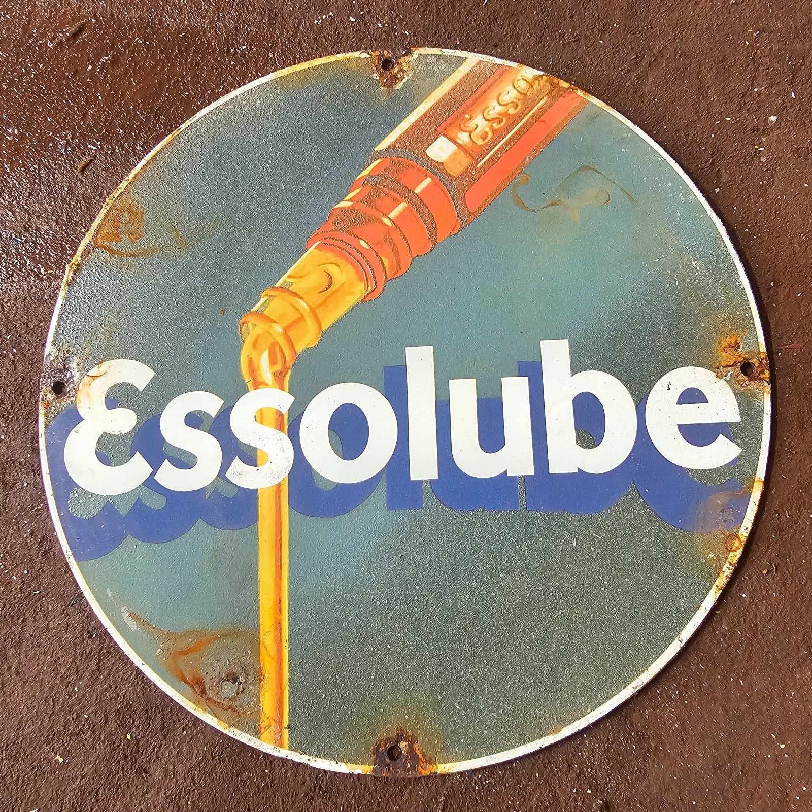 VINTAGE ESSO LUBE GREEN US GASOLINE OIL GAS PUMP ENAMEL PORCELAIN SIGN