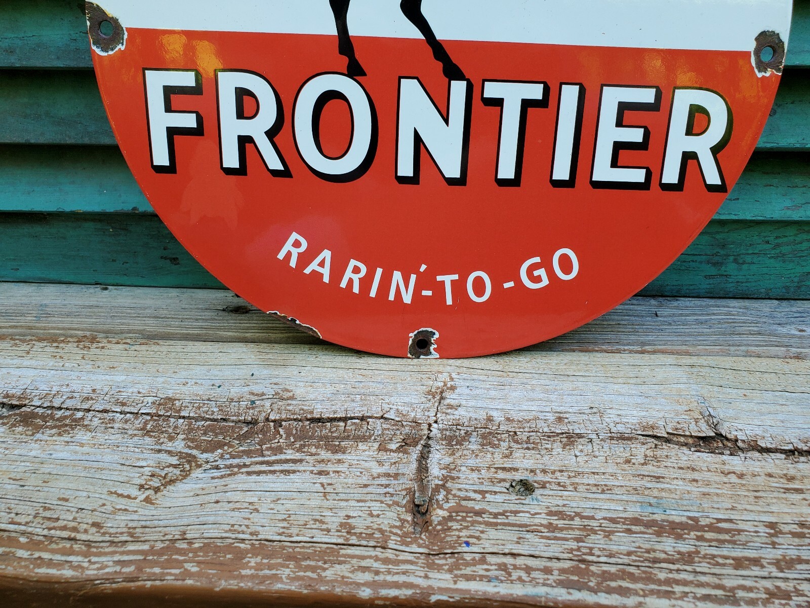OLD FRONTIER GASOLINE PORCELAIN ENAMEL GAS PUMP SIGN “RARIN’ TO GO”