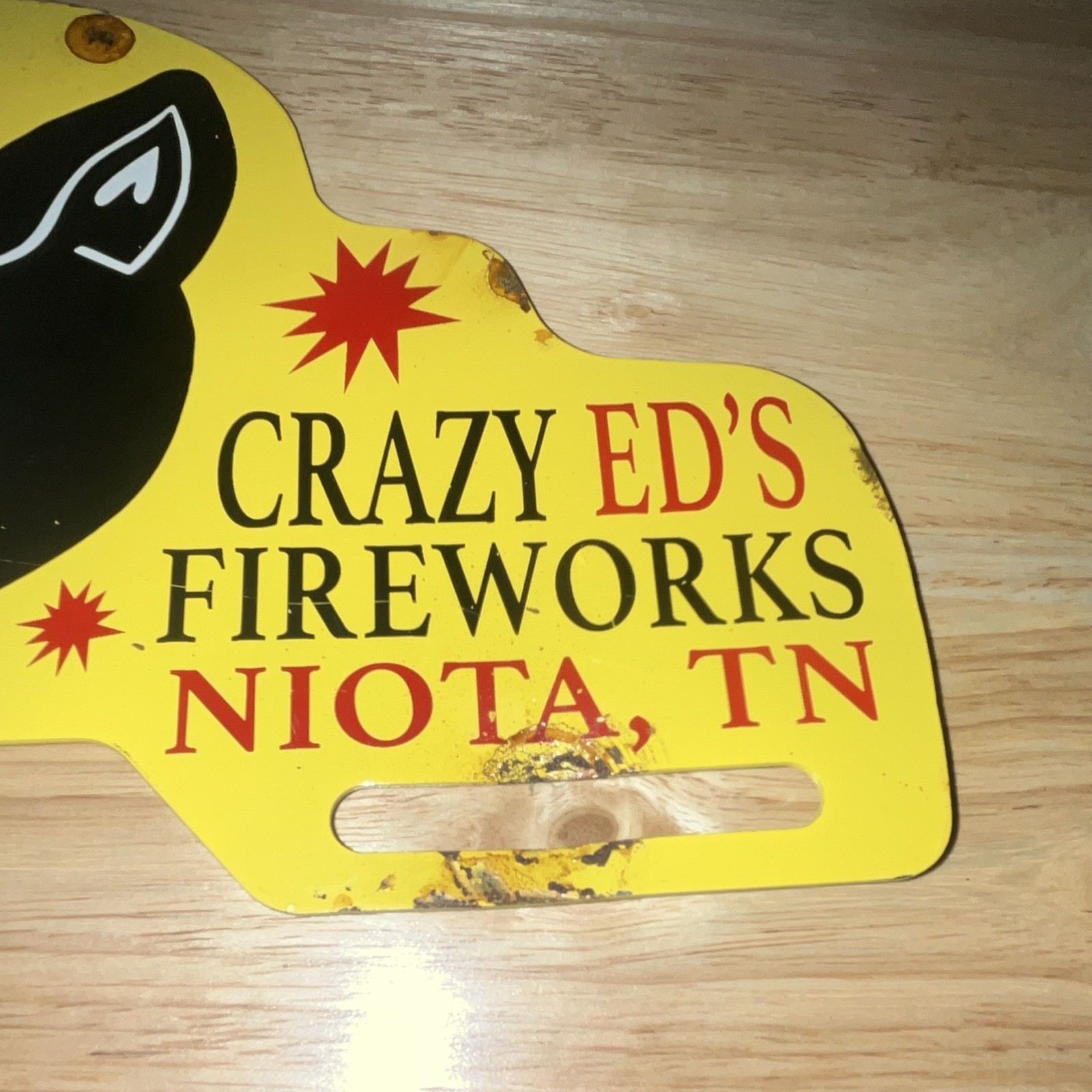 Black Cat Crazy Ed’s Fireworks Niota TN Metal Advertising Sign Yellow 1947