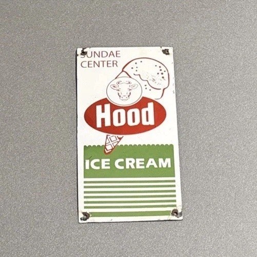 VINTAGE 12” HOOD ICE CREAM MILK DAIRY PORCELAIN SIGN CAR GAS TRUCK MOTORCYCLE