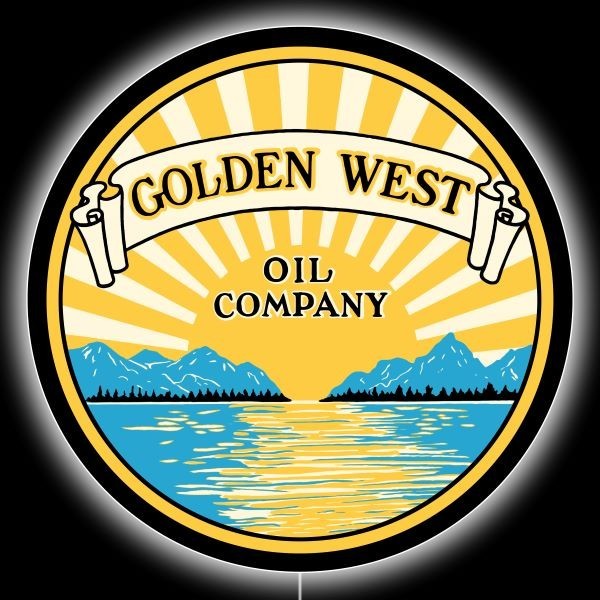GOLDEN WEST Oil Company, Gasoline NEW LED Hanging Lighted Sign: 23″ Dia. Round