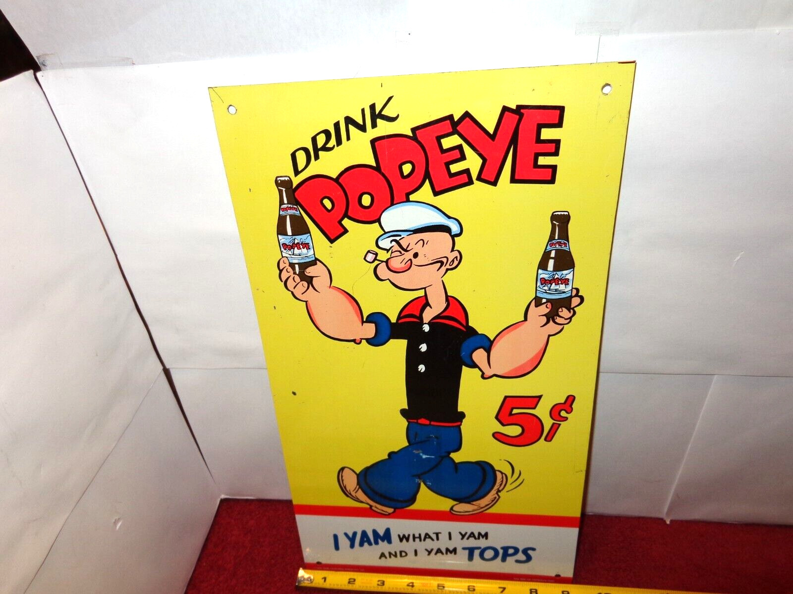 9×16 in DRINK POPEYE SODA POP- 5 CENTS ADVERTISING SIGN TIN METAL TACKER – S 330